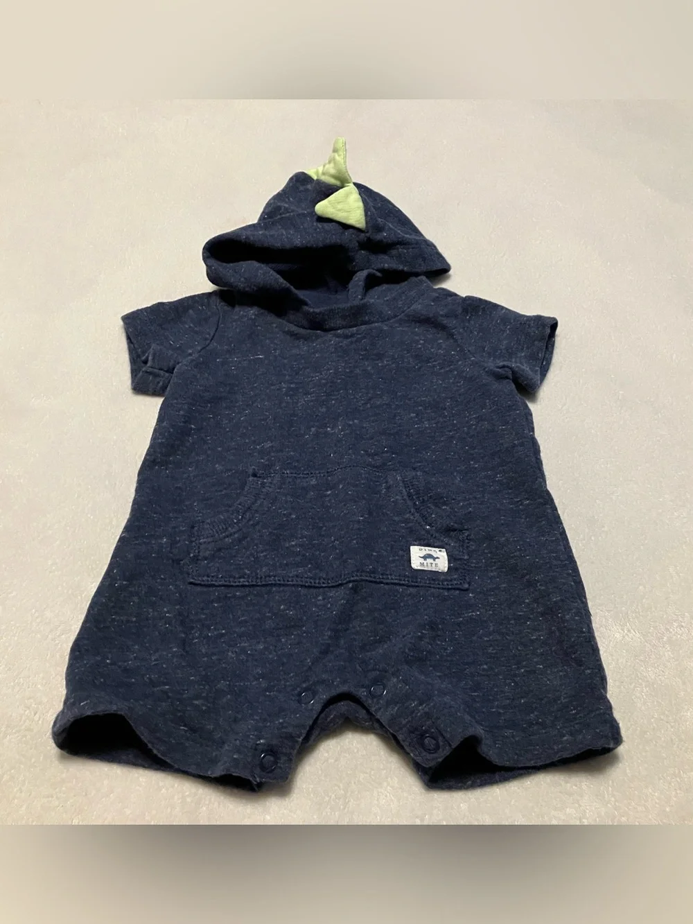 Baby Hooded One-Piece Romper in Navy with Dino Detail